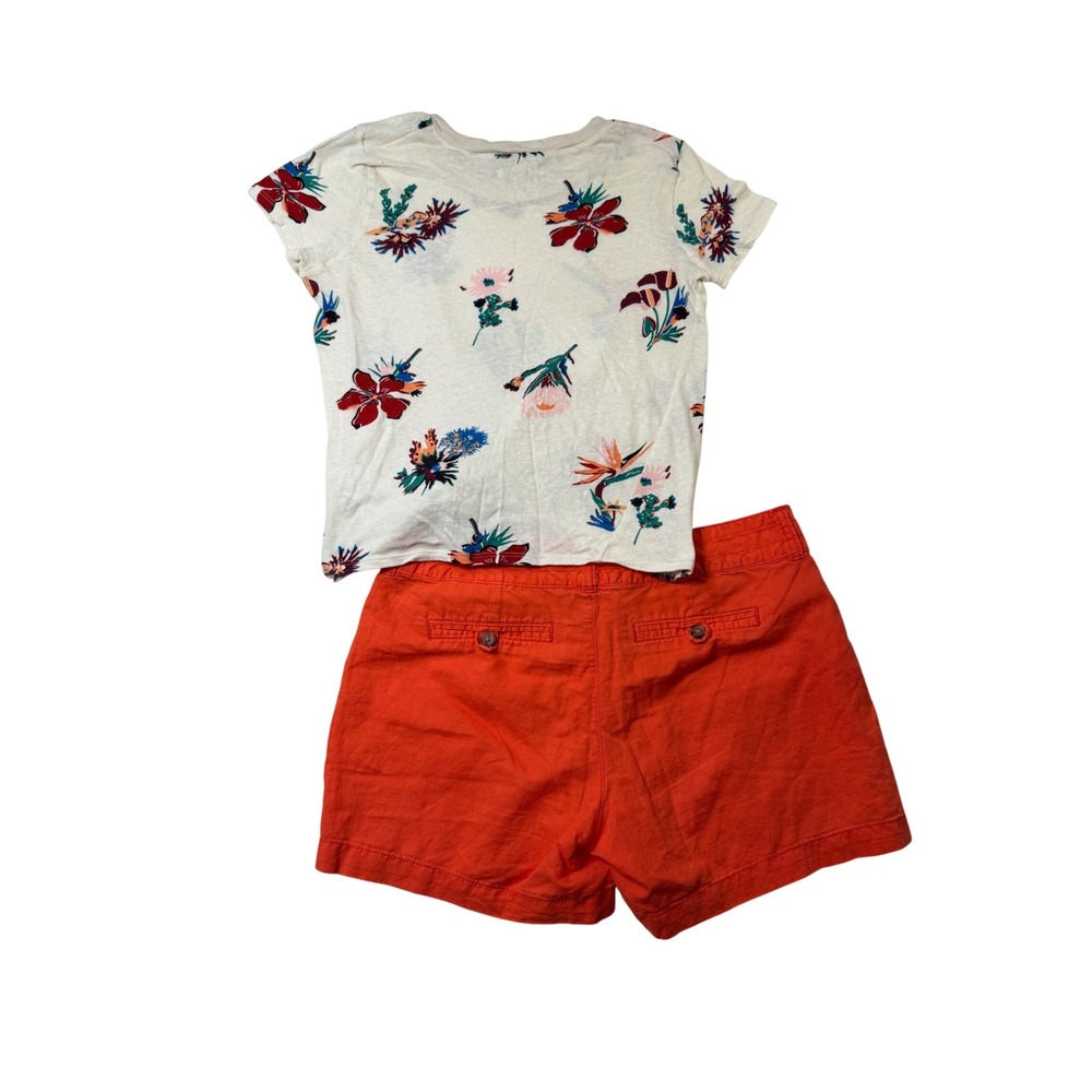 Madewell Floral Tie Front Tee XS & Banana Republic Orange Linen Shorts 4 Set - Picture 3 of 12
